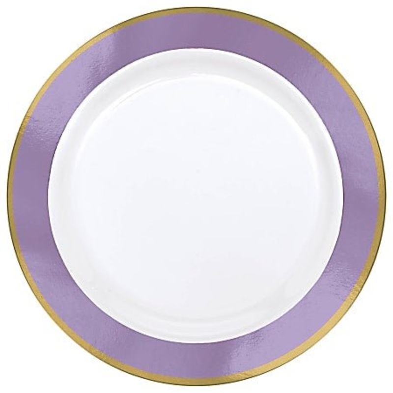 Round Premium Plastic Dinner & Dessert Plates Bright Lavender & Gold Border | 20 pc