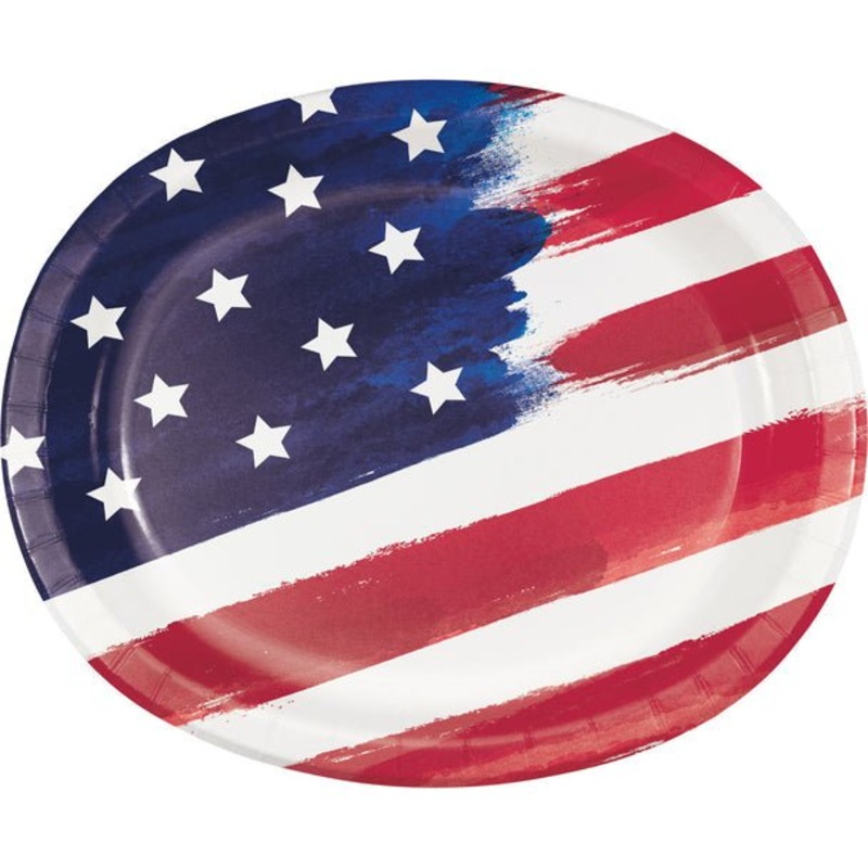 4th Of July Painterly Patriotic Oval Dinner Plates 10" x 12" | 8ct