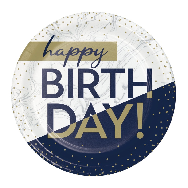 Happy Birthday Navy Blue & Gold Paper Plates 9 inch - 8PC