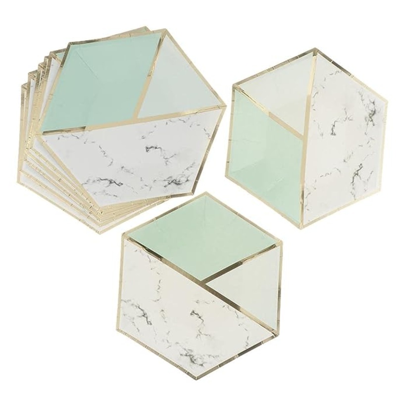 Hexagon Shaped Gold & Aqua Paper Plates - 9 inches - 10PC