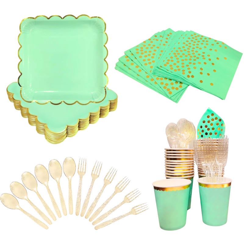 Mint Green Party Tableware Combo with Plates, Tissues, Cups, Spoons and Forks - 64PC - Serves Upto 10 Pax