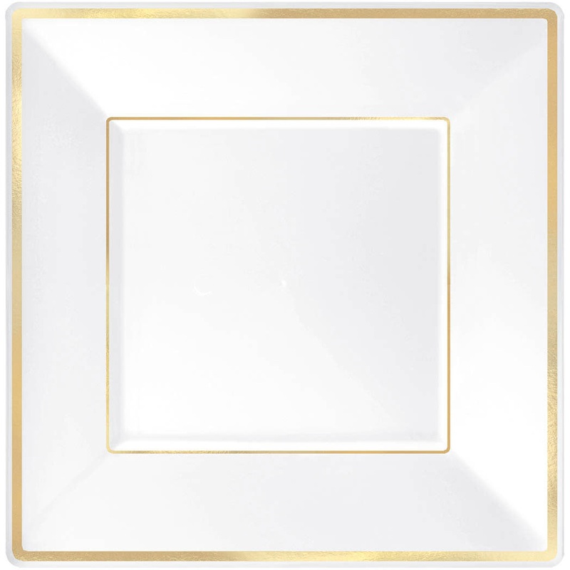 7.25" Square Plastic Plates White w/Gold Trim