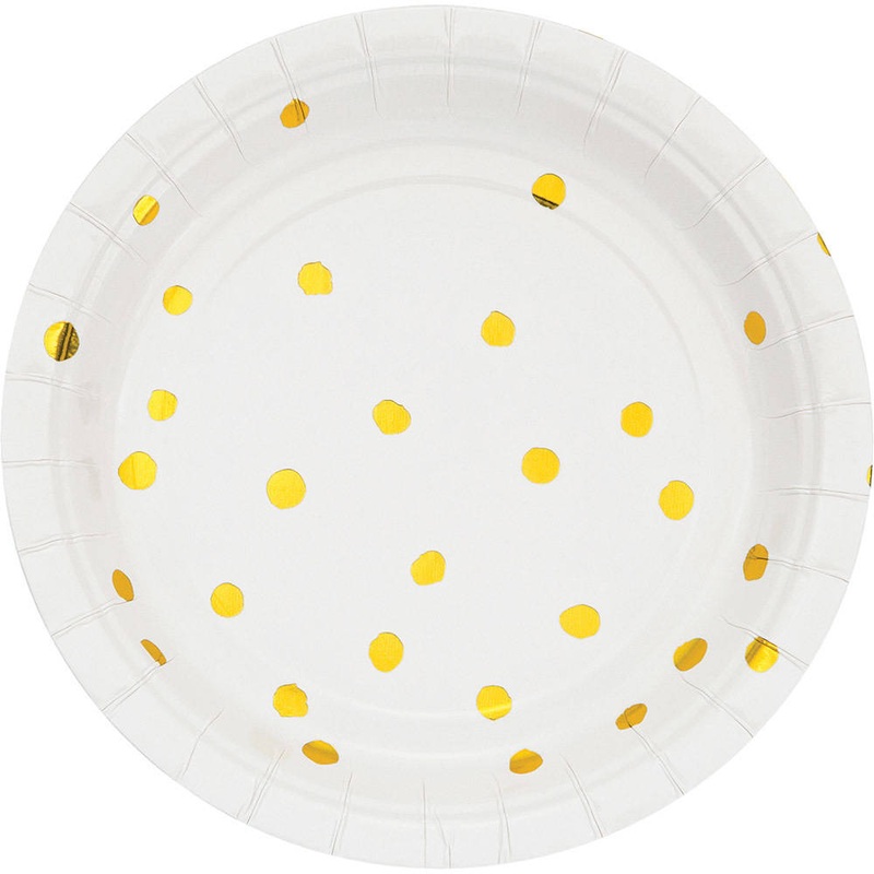 White & Gold Hot Stamped Paper Dessert Plates (8 ct)