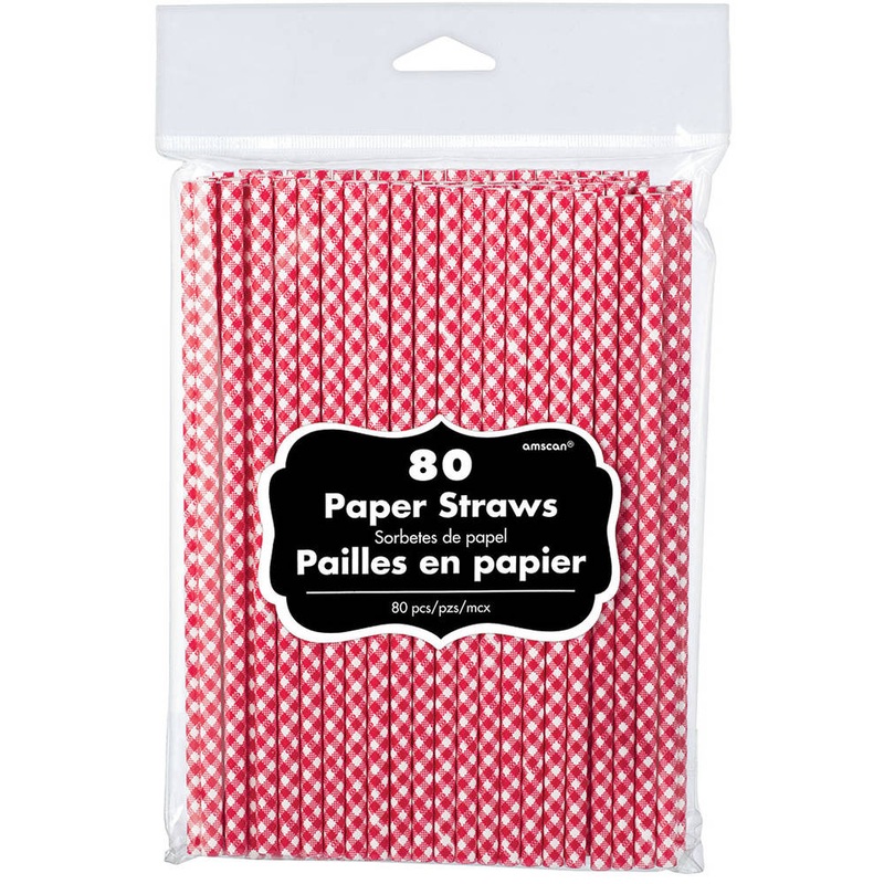 Red Gingham Paper Straws, 80ct