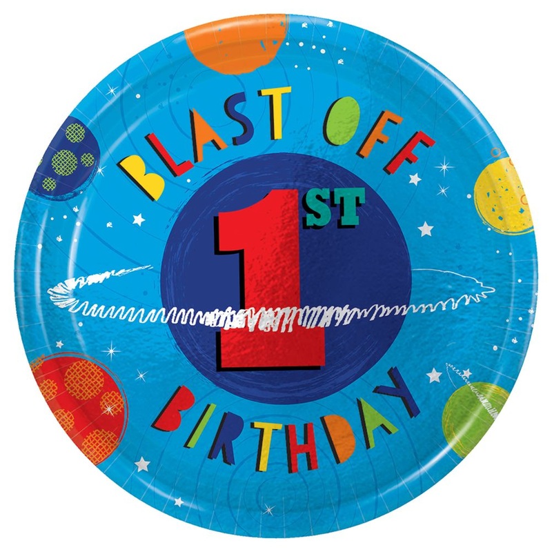 Blast Off Round Metallic Plates 1st Birthday, 8ct