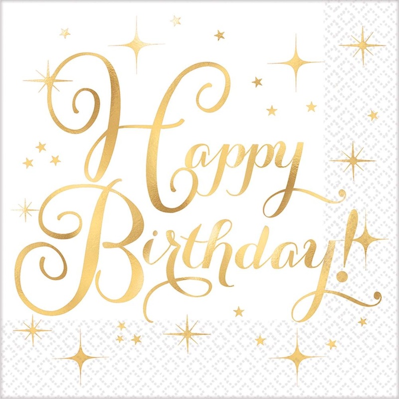 White with Happy Birthday Hot Stamped in Gold Luncheon Napkins, 16ct