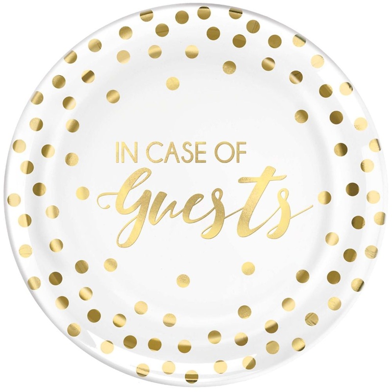 In Case of Guest Gold Confetti Dots Round Plastic Dessert Plates (20 ct)