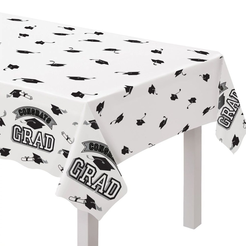 True to Your School Congrats Grad Plastic Table Cover White (1ct)
