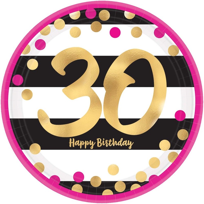Pink and Gold Milestone 30 Paper Dessert Plates (8 ct)