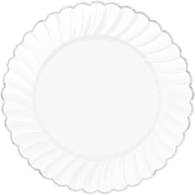 7" Plastic Scallop Plate White w/Metallic Trim