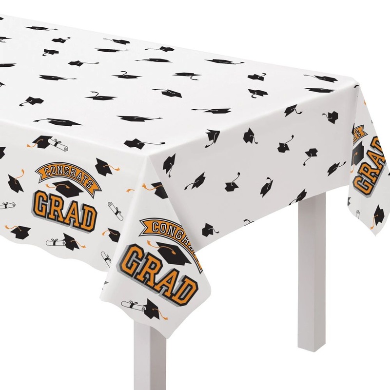 True to Your School Congrats Grad Plastic Table Cover Orange (1ct)