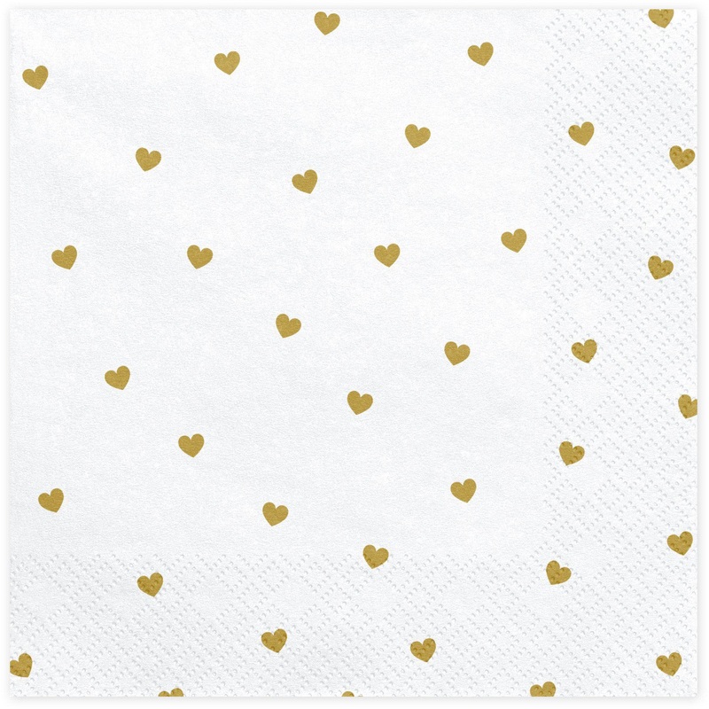 White and Gold Hearts Napkins (Pk20)
