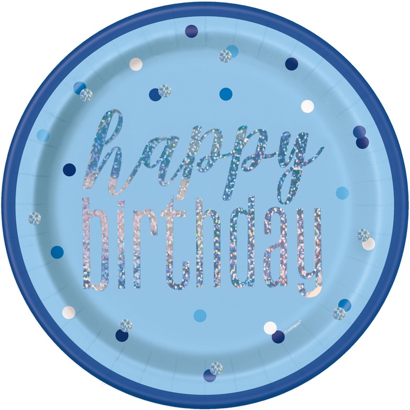 Birthday Blue Glitz Round 9" Dinner Plates, 8ct - Foil Stamped