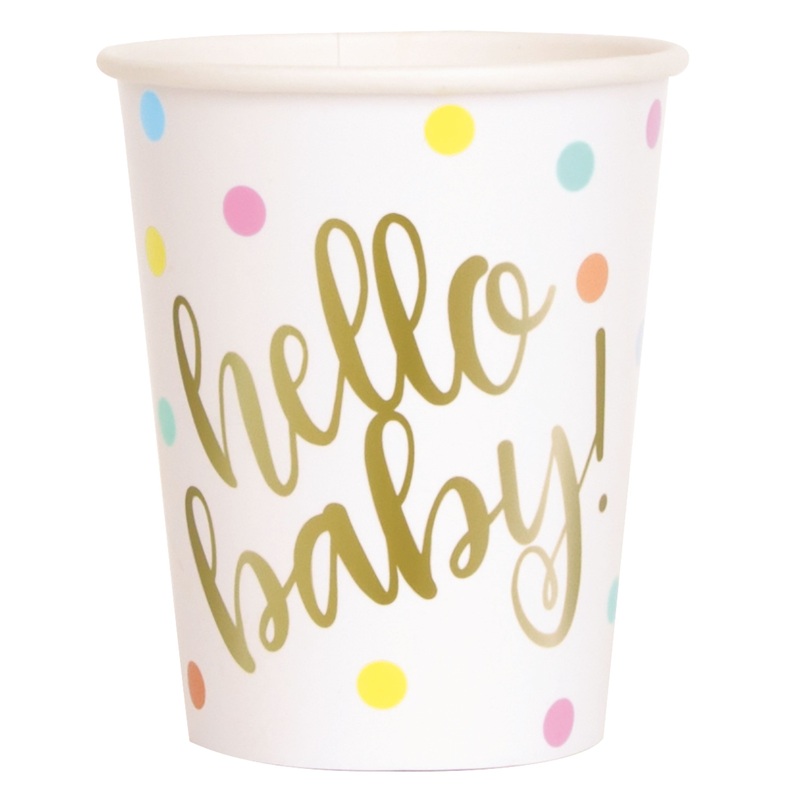 Hello Baby, Gold Baby Shower 9oz Paper Cups, 8ct