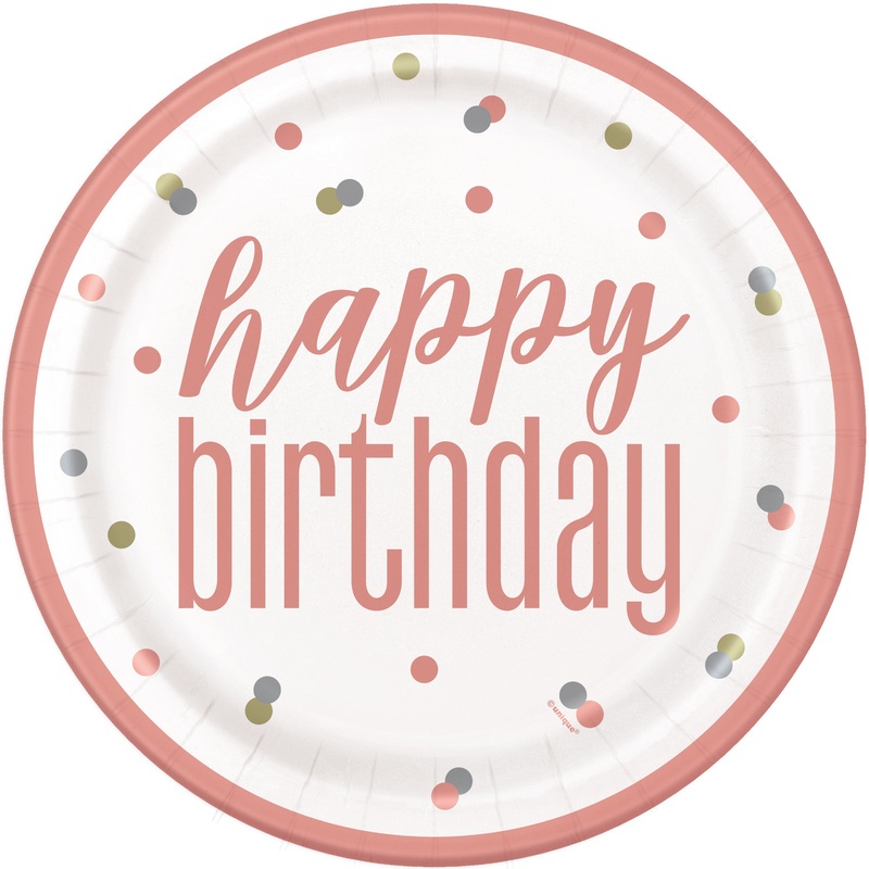 8 Glitz Rose Gold "Happy Birthday" 9" FSC Plates (Plastic Free)