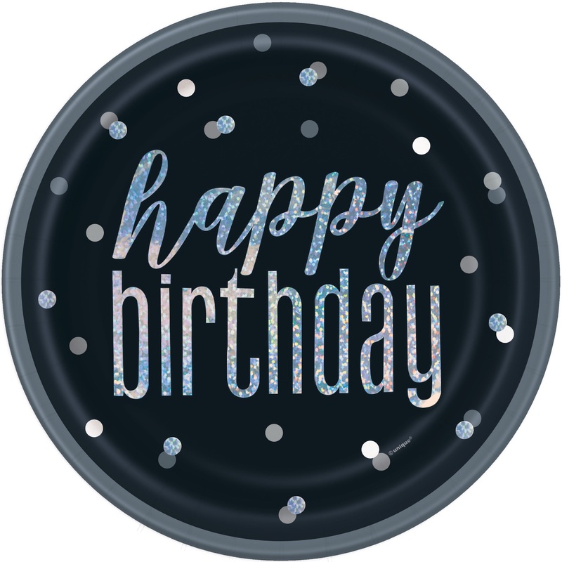 Birthday Black Glitz Round 9" Dinner Plates, 8ct - Foil Stamped