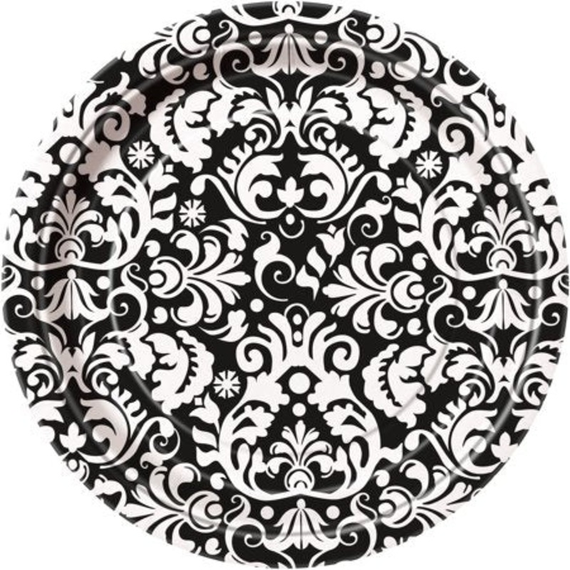 Black Damask 7" Paper Dessert Plates - 23cm
