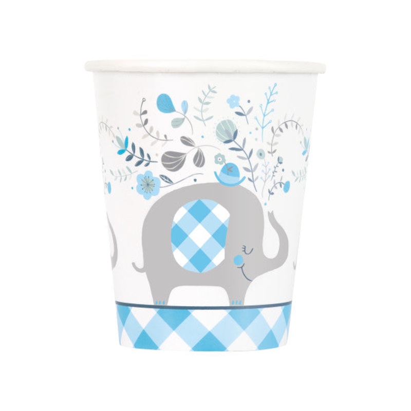 Blue Checkered Elephant 9oz Paper Cups, 8ct