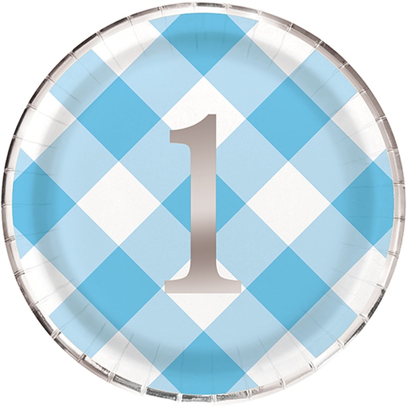 Blue Gingham 1st Birthday Dinner Plates (8ct)