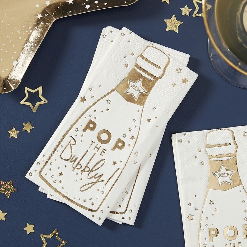 Gold Champagne Bottle Paper Napkins, 16pc