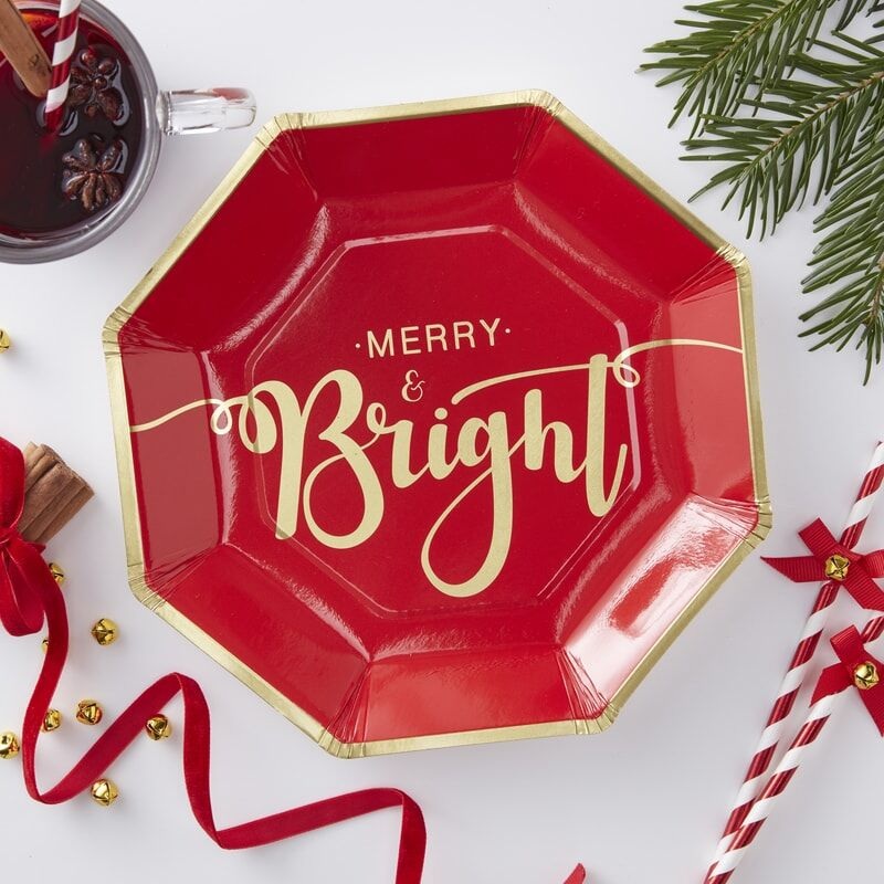 GOLD FOILED MERRY & BRIGHT CHRISTMAS PAPER PLATES
