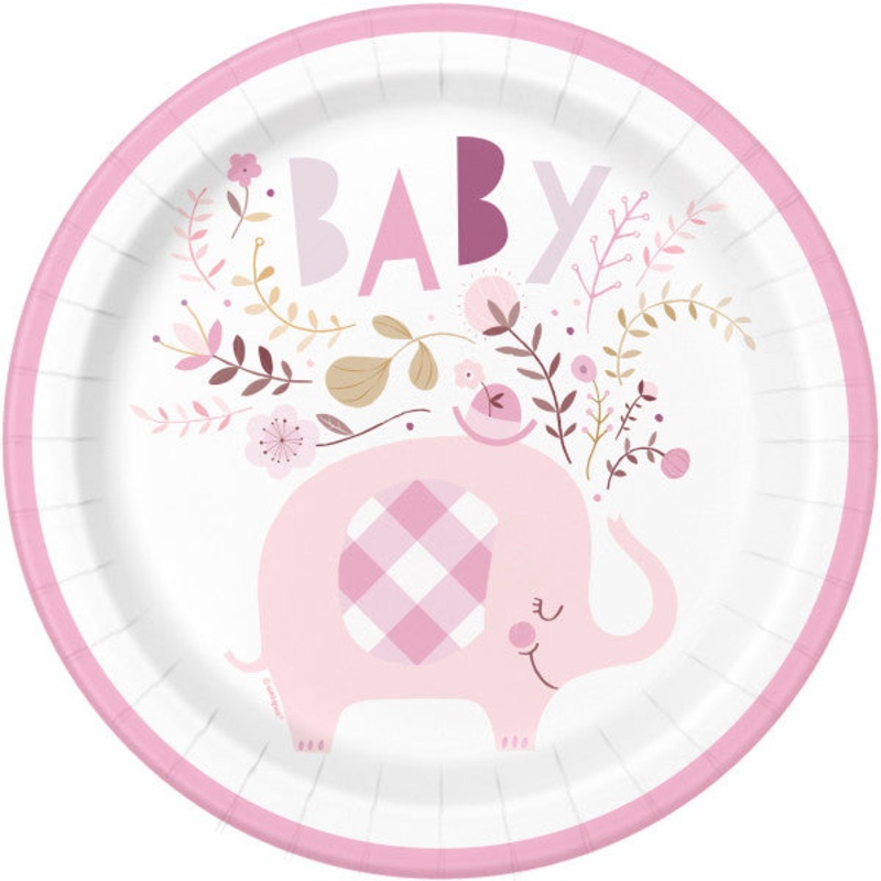 Pink Floral Elephant Round 9" Dinner Plates - 8ct
