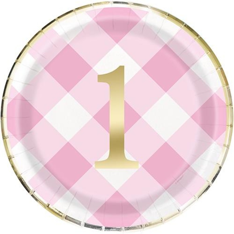 Pink Gingham 1st Birthday Dinner Plates (8ct)