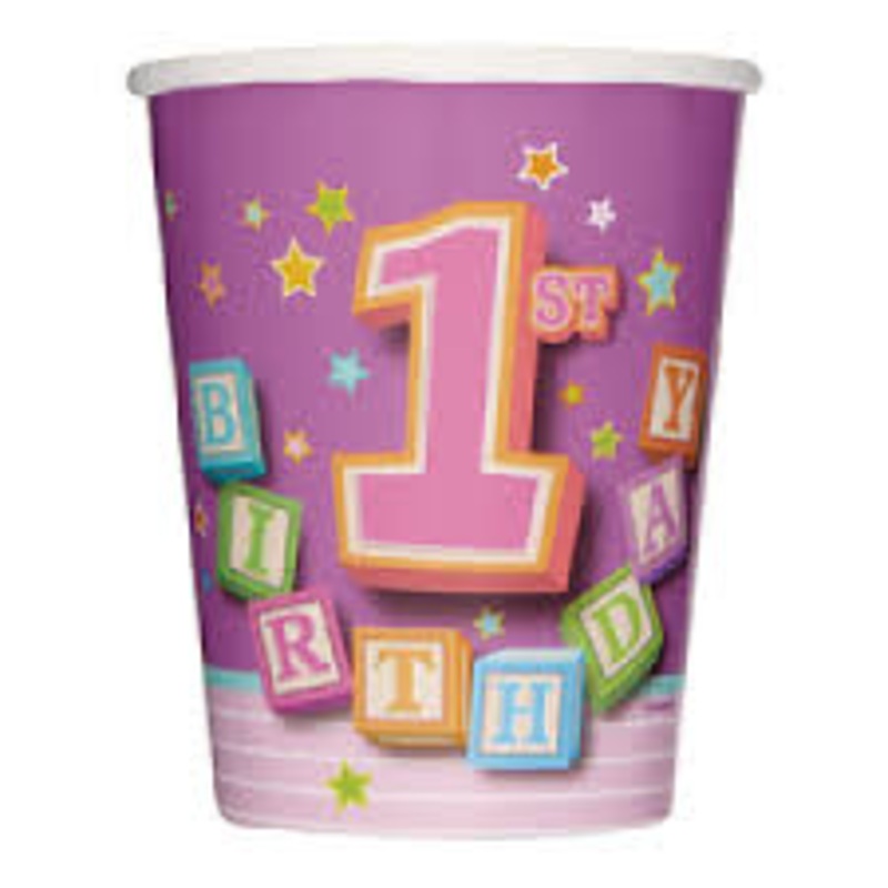 1st Birthday Blocks Pink Paper Cups - 12ct