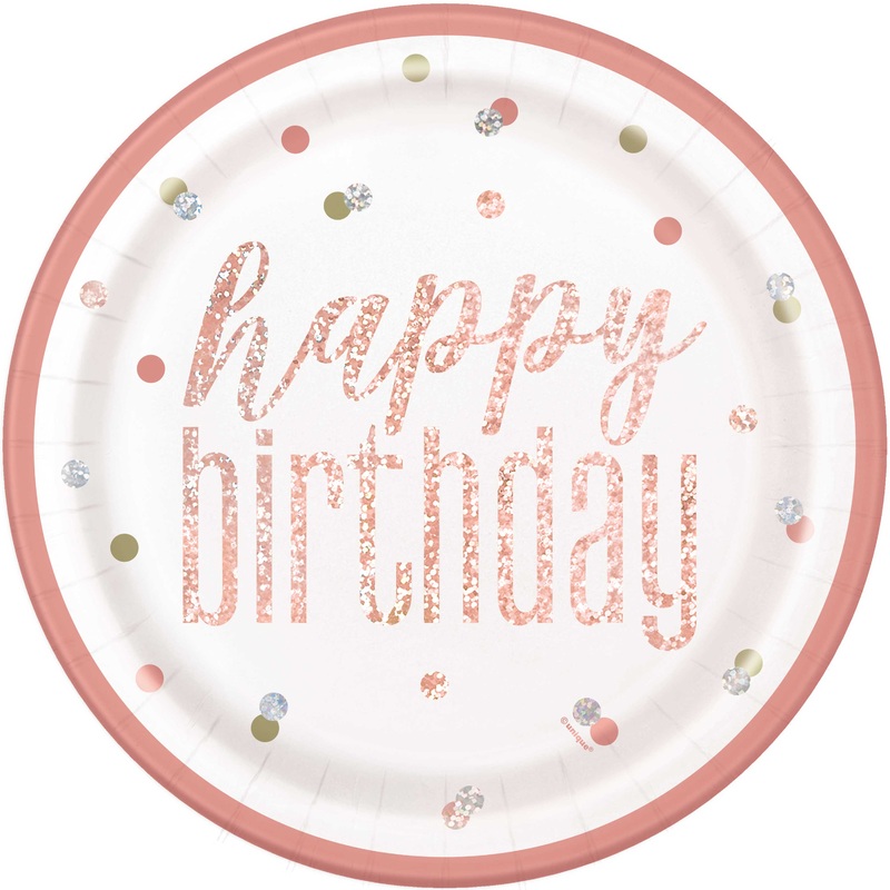 Birthday Rose Gold Glitz Prismatic Foil "Happy Birthday" Round 9" Dinner Plates, 8ct