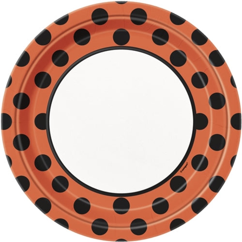 Black and Orange Polkadot Dinner Plates, 8ct