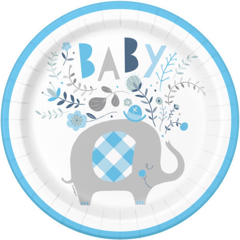 Blue Checkered Elephant Round 9" Dinner Plates - 8ct