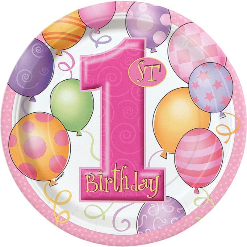 First Birthday Pink Balloons Round 9" Dinner Plates (8pk)