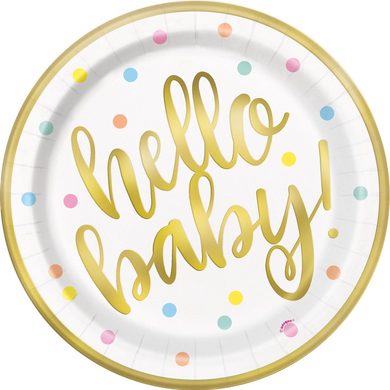 Hello Baby, Gold Baby Shower Round 9" Dinner Plates, 8ct - Foil Board