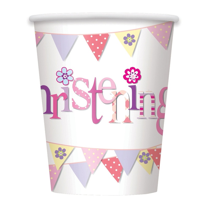 Pink Bunting Christening 9oz Paper Cups, 8ct