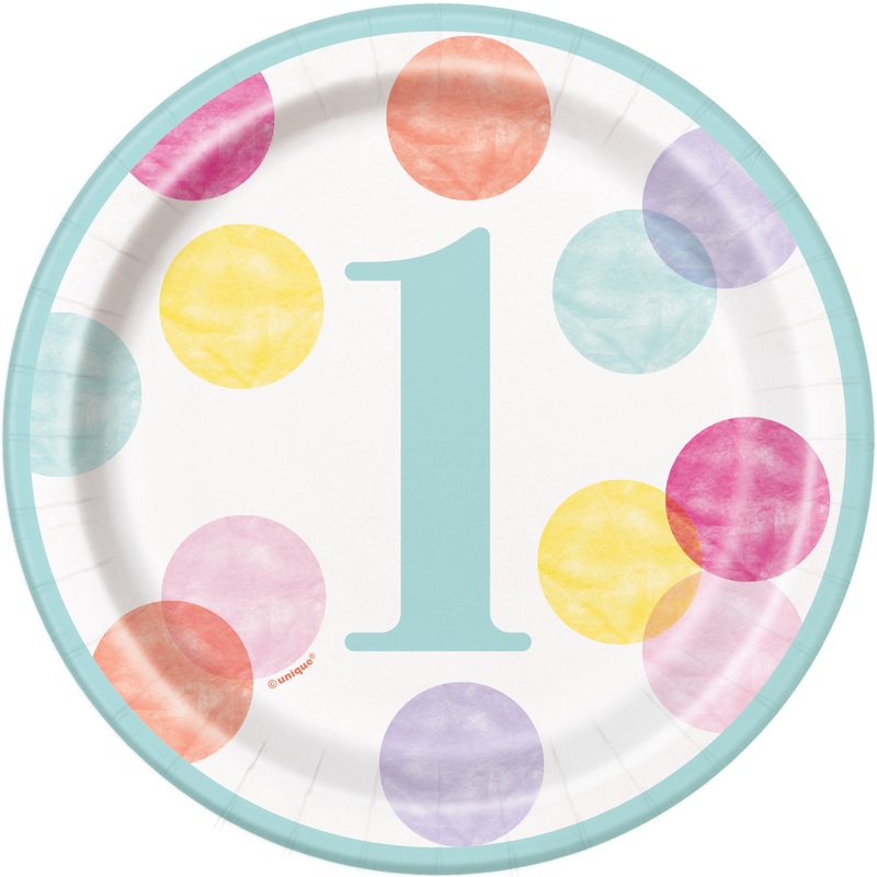 Pink Dots 1st Birthday Round 7" Dessert Plates - 8ct