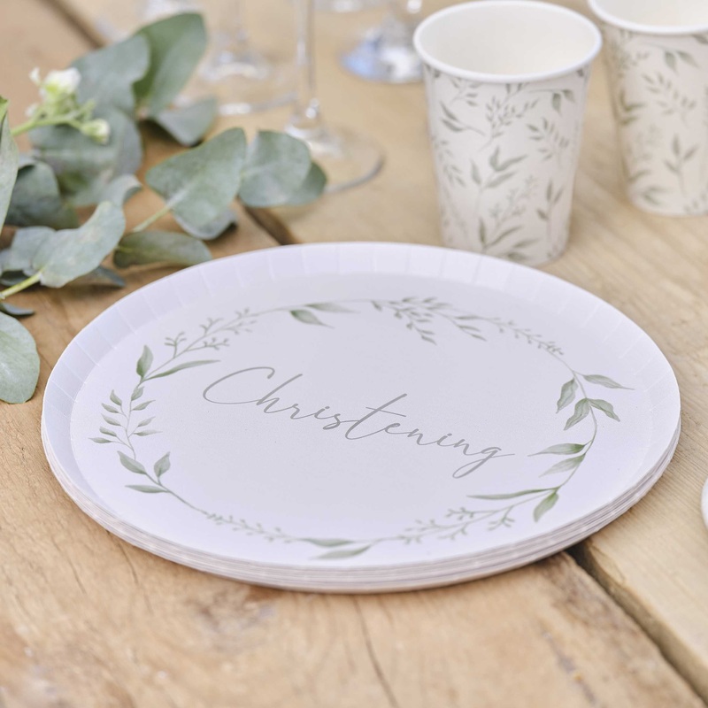 White and Green Christening Paper Plates -  Im eco friendly