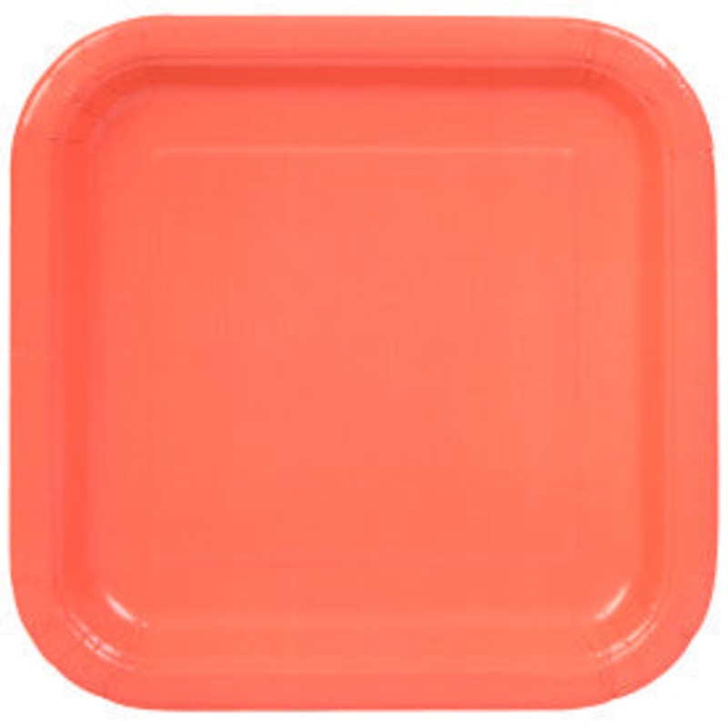 Coral Solid Square 9" Dinner Plates, 14ct