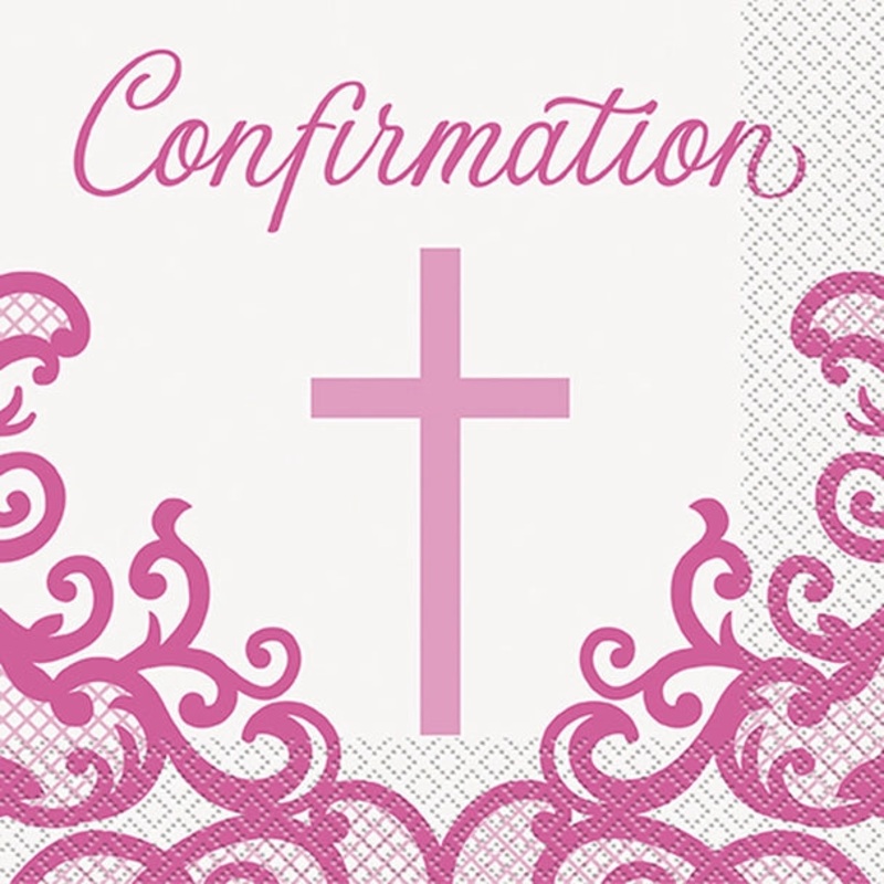 Fancy Pink Cross Confirmation Napkins - 16ct