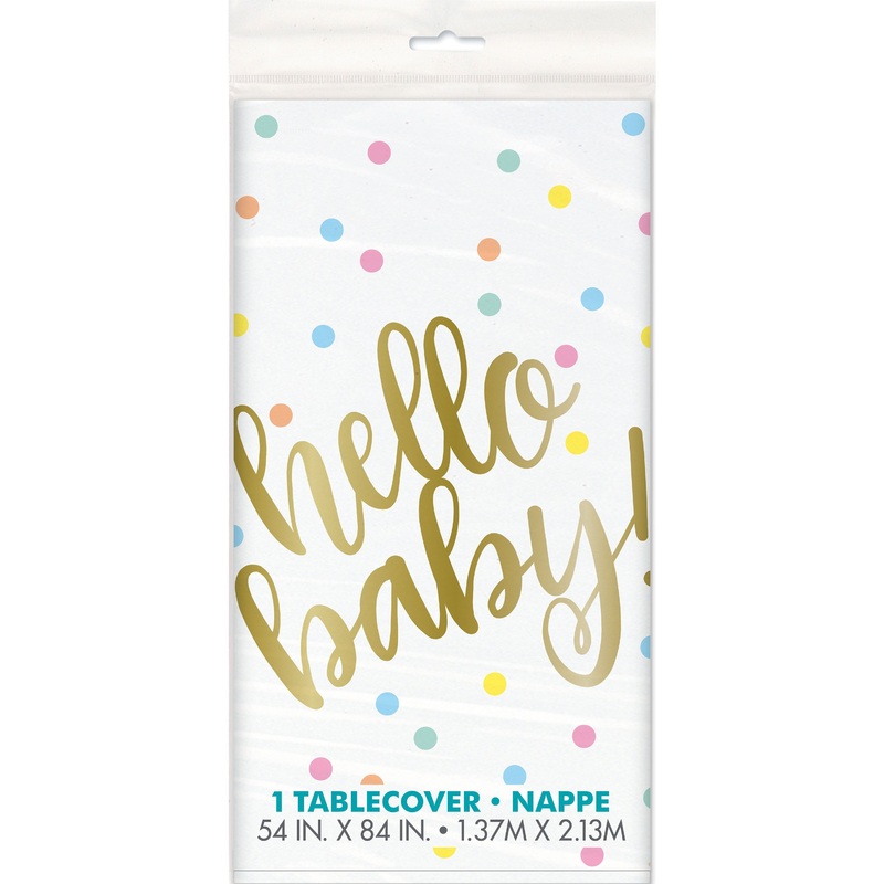 Hello Baby, Gold Baby Shower Rectangular Plastic Table Cover, 54"x84"