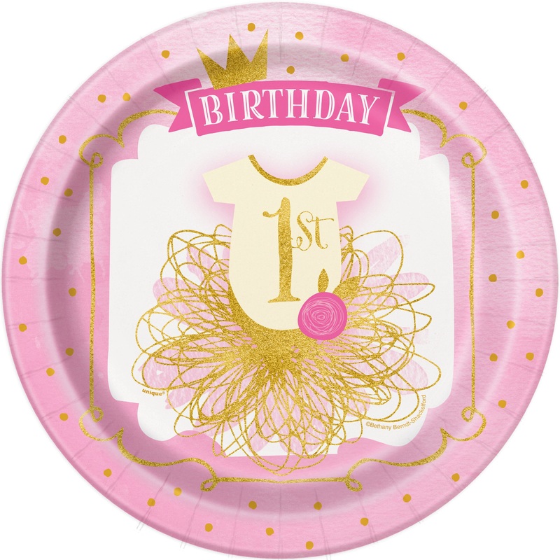 Pink & Gold First Birthday Round 9" Dinner Plates, 8ct