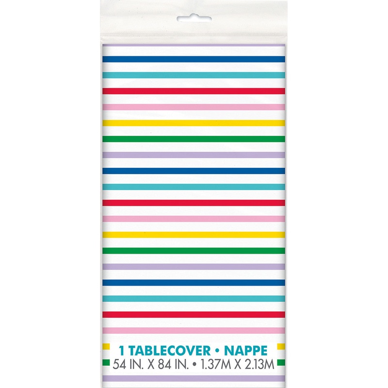 Primary Striped Plastic Tablecover - 54" x 84"
