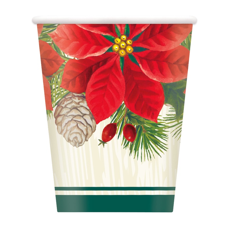 Red & Green Poinsettia Christmas 9oz Paper Cups, 8pc