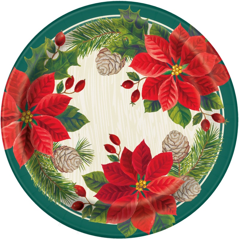 Red & Green Poinsettia Christmas Round 9" Dinner Plates, 8pc
