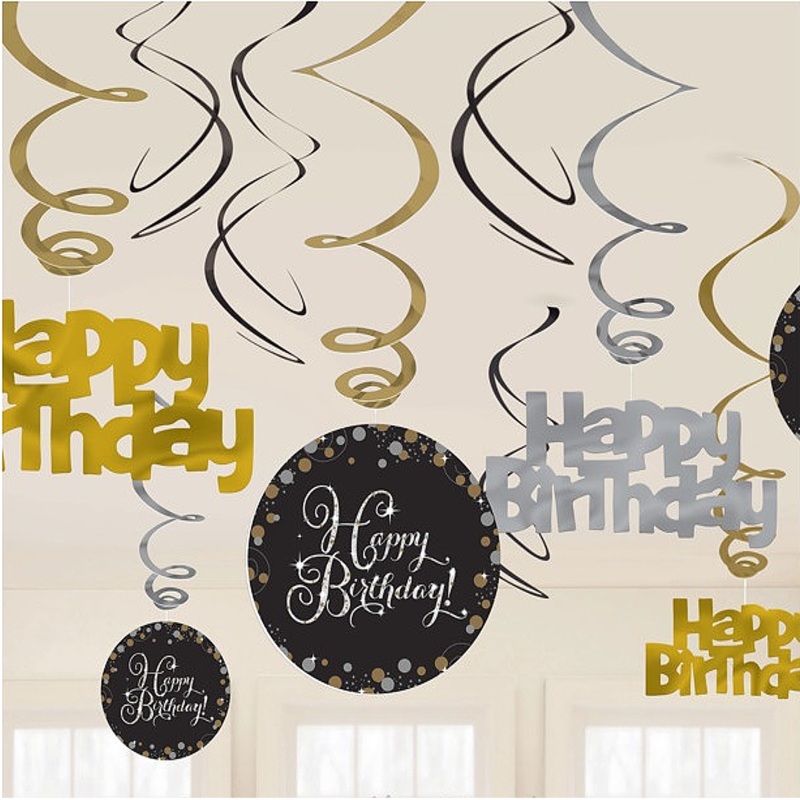 Gold Celebration Happy Birthday Swirl Decorations