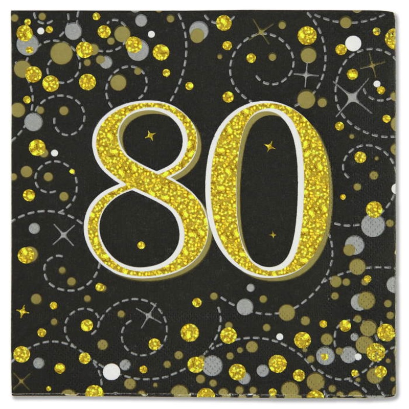 Napkins for 80th Birthday - Black and Gold Pack of 16