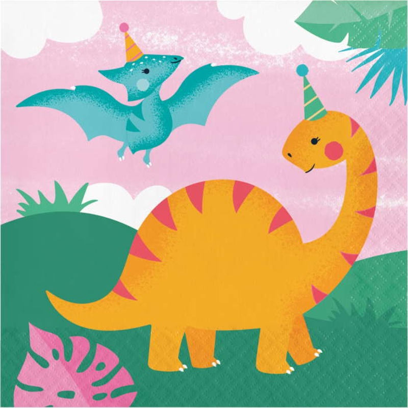 Pink Dinosaur Napkins Pack of 16