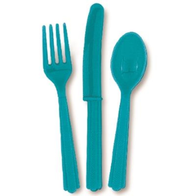 Teal Blue Plastic Cutlery Set: 6 of Each Item