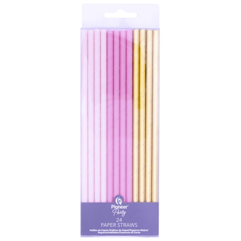 White Pink and Gold Paper Straws Pack of 24