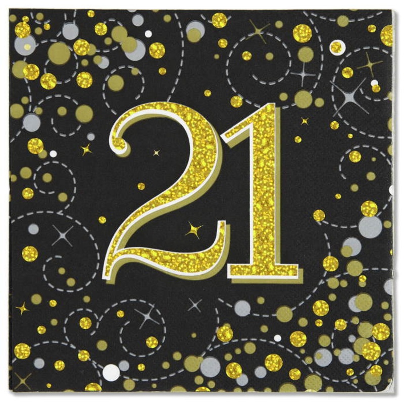 Black & Gold Sparkling 21st Birthday Napkins Pack of 16
