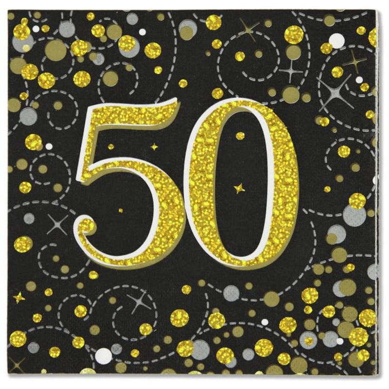 Black & Gold Sparkling 50th Birthday Napkins Pack of 16